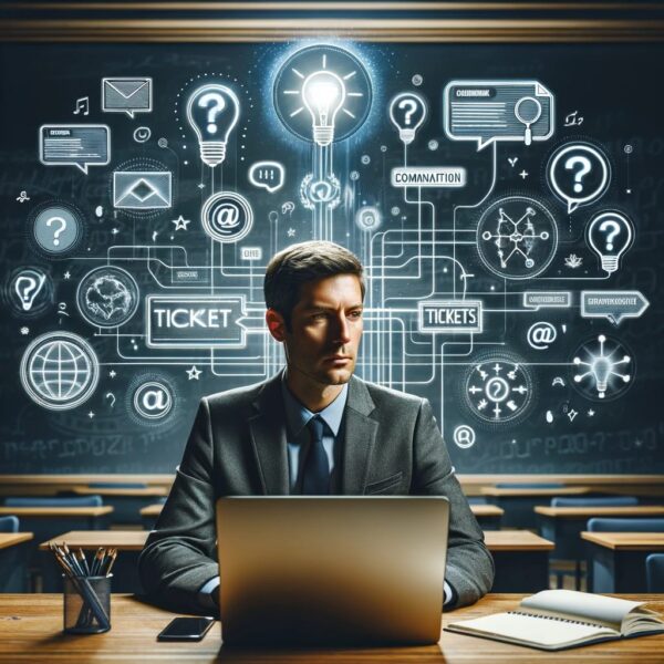 A professional male lecturer is seated at a desk with a computer beside him.